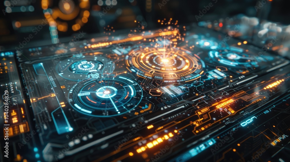 Poster High-tech holographic interface with floating data points