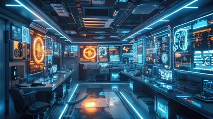 High-tech lab with glowing equipment and digital interfaces