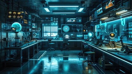 High-tech lab with glowing equipment and digital interfaces