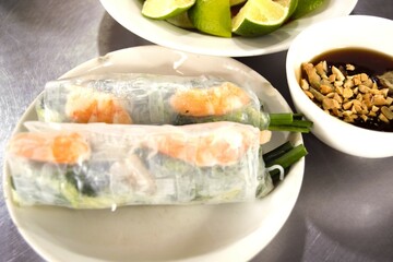 Vietnamese cuisine, spring rolls at the local restaurant in Ho Chi Minh City, Vietnam