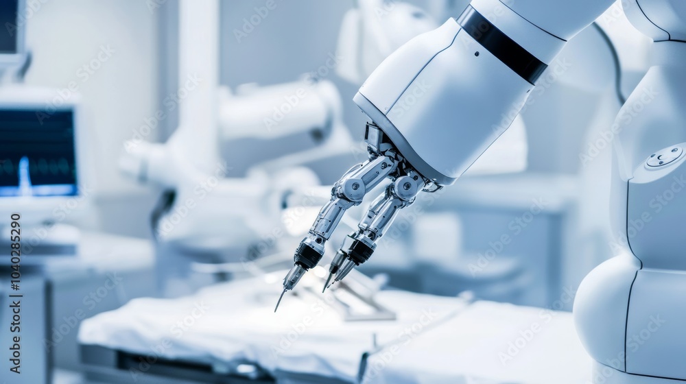 Poster a robotic arm performing delicate surgery on a robotic model in a high-tech medical training center,