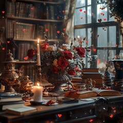 A magical romantic dining setting in a library with blooming tree branches, warm lighting, and elegant tableware.