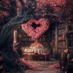 Romantic dinner setting in a magical library with a heart-shaped floral arrangement and falling pink petals.