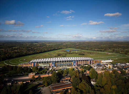 ASCOT, UK - OCTOBER 27, 2024: Aerial view of Ascot racecourse, horse racing venue of Royal Ascot, taken on Champions Day in Autumn