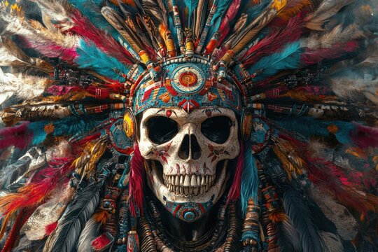 Skull with Colorful Headdress and Feathers