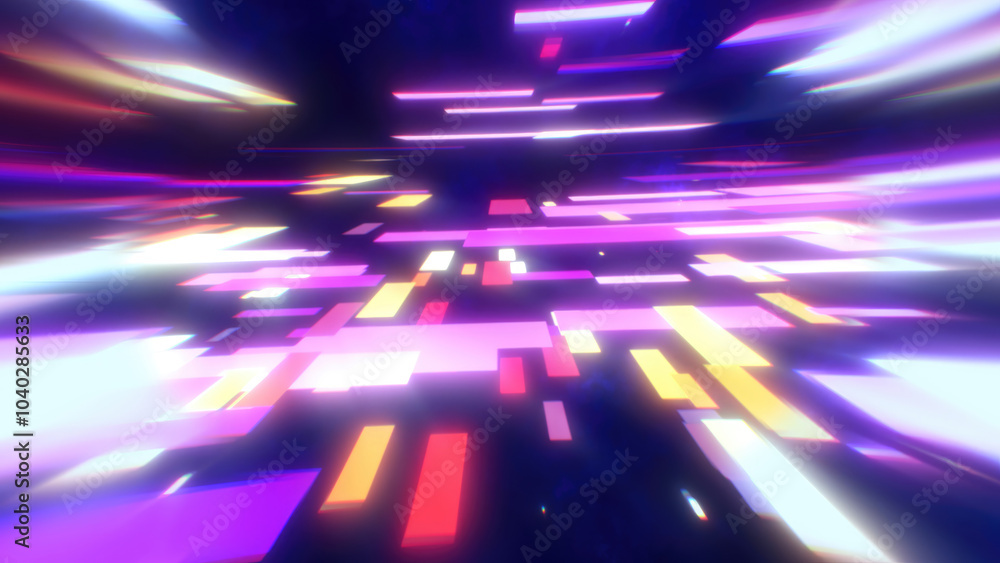 Poster a vibrant, abstract featuring colorful glowing squares in motion, creating a dynamic and futuristic 