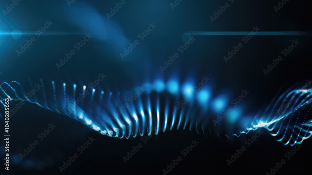 Poster a mesmerizing display of blue glowing particle waves, representing abstract energy flows against a d