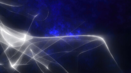 Abstract digital background with white light trails on a deep blue backdrop. Smooth, flowing lines create a futuristic and ethereal atmosphere