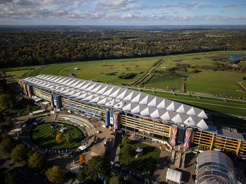 ASCOT, UK - OCTOBER 27, 2024: Aerial view of Ascot racecourse, horse racing venue of Royal Ascot, taken on Champions Day in Autumn