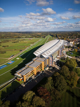 ASCOT, UK - OCTOBER 27, 2024: Aerial view of Ascot racecourse, horse racing venue of Royal Ascot, taken on Champions Day in Autumn