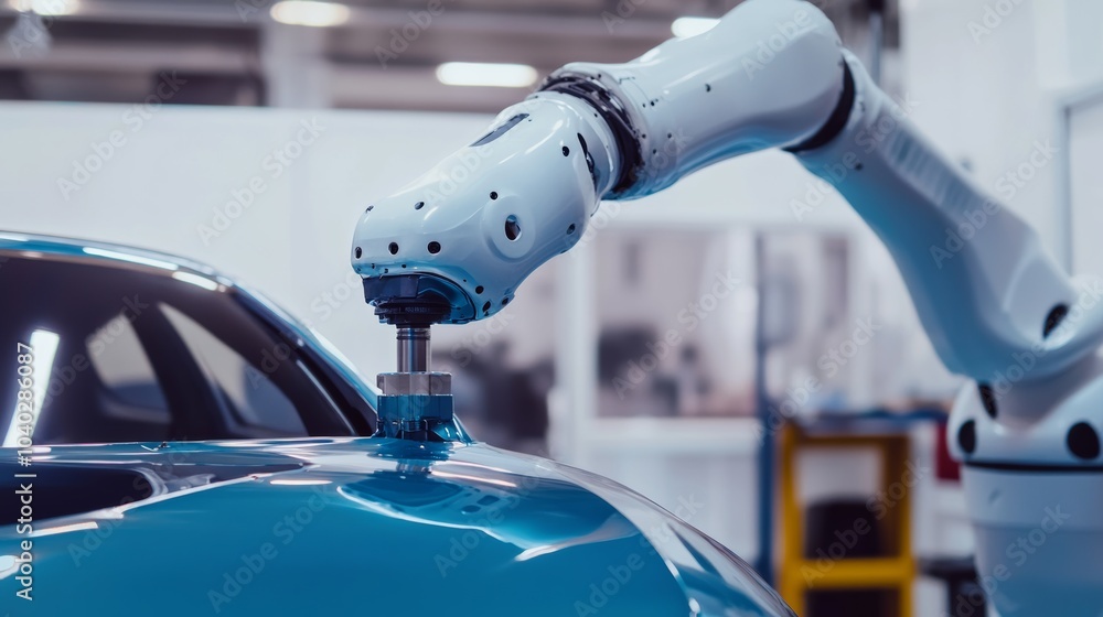 Poster a robotic arm performing detailed painting in a high-end car customization workshop, clean and sophi