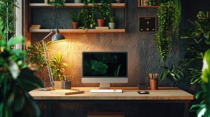 A computer desk with a monitor, keyboard, mouse, and a lamp