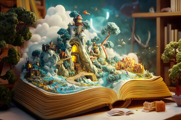 A 3D image of a large open book, with its pages fantastically transformed into a vibrant fantasy world