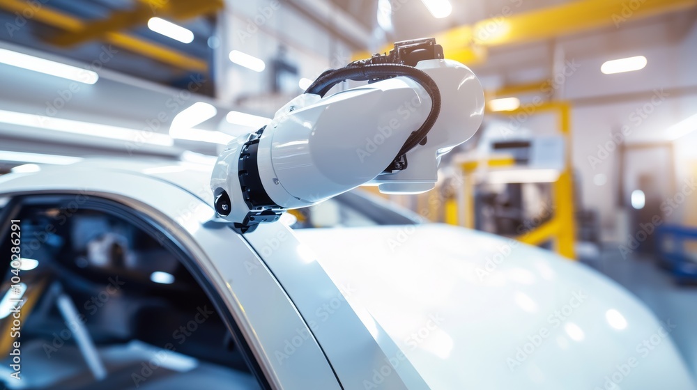 Poster a robotic arm performing detailed painting in a high-end car customization workshop, clean and sophi