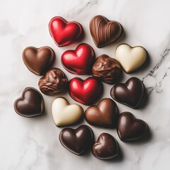 Assorted heart-shaped chocolates in shades of brown, white, and red arranged on a marble surface, highlighting different textures and designs.