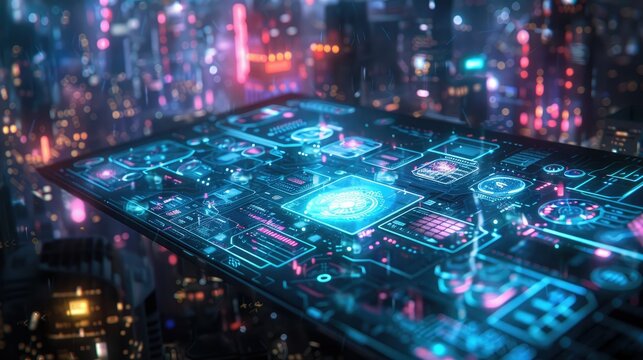 High-tech interface with floating holographic data