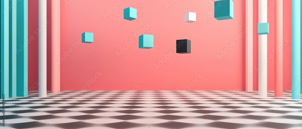 Poster checkerboard pattern stretching infinitely into the horizon, with floating 3d cubes of various color