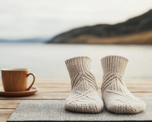 Feet in yoga socks on a mat with a peaceful beach view in the background, mindfulness, yoga lifestyle