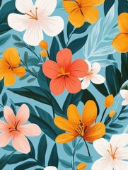 Orange and White Flowers on Blue Background