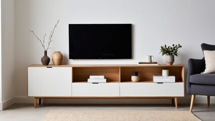 A modern living room features sleek wooden and black furniture, a television, minimalist decor, a potted plant, and a large window with ample natural light.