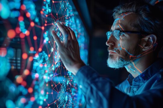 Man in futuristic room interacting with large digital display. Person analyzing complex networks of interconnected data points, wearing glasses, illuminated by colorful lights in high-tech workspace.