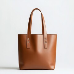 Blank brown leather tote bag mockup, standing against a white backdrop, soft lighting for realistic presentation