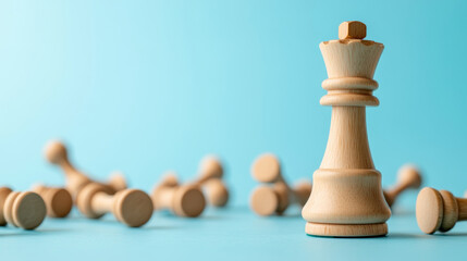 wooden king chess piece stands tall against serene blue background, surrounded by fallen pawns, symbolizing victory and strategy in game of chess