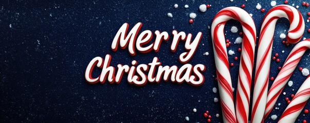Naklejka premium Merry Christmas text with candy canes on a dark background.