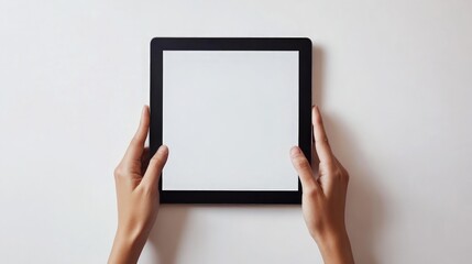 Touching a Black Tablet Screen with Hands on a White Background, a modern interaction showcasing technology and communication in a clean, minimalist setting.