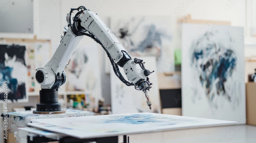 Poster a robotic arm performing detailed painting of fine art on canvases in a clean, contemporary art stud