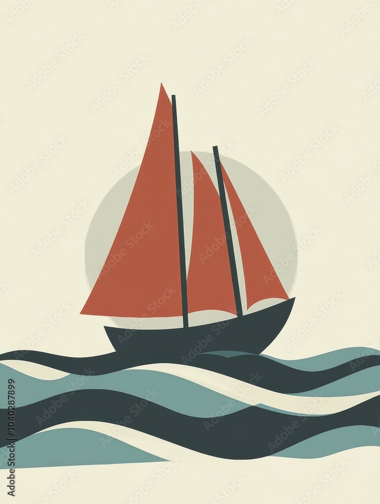 Poster a sleek sailboat navigates calm minimalist waves, exuding peace and simplicity in a serene maritime 