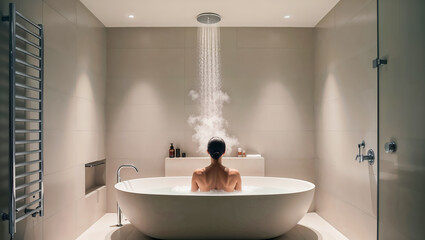 A woman in a luxurious, spa like bathroom designed for personal care and relaxation. self care routine or moment of tranquility.