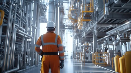 A worker in an oil and gas facility, wearing safety gear like a hard hat and a high visibility safety coverall with reflective stripes