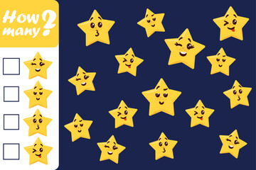 How many stars. Preschool kids worksheet. Workbook test. Math counting. Sorting quiz. Children logic game. Searching identical emoji. Funny emoticons. Vector educational puzzle design