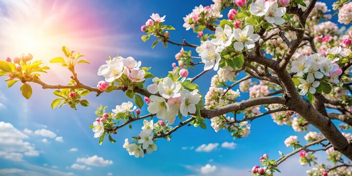 Aerial view of blossoming apple tree branches under blue sky