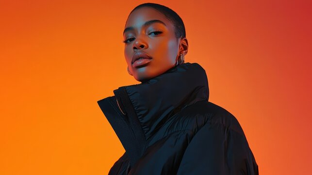 A captivating portrait of a young Black woman with short hair, confidently showcasing a stylish jacket against a vibrant background, highlighting modern fashion.