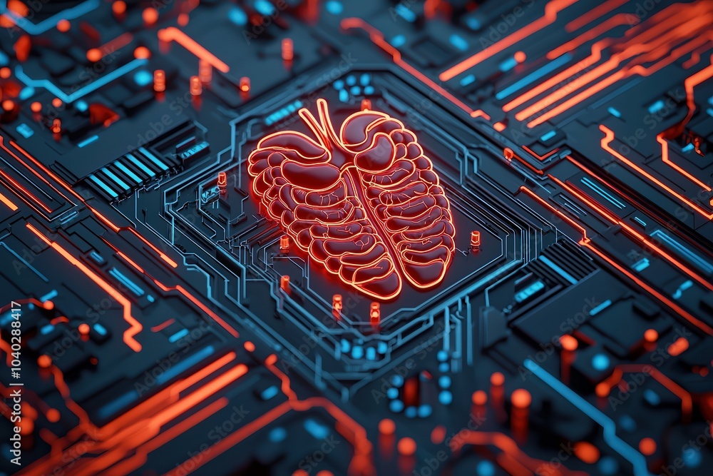 Poster digital brain in a circuit board design with vibrant red and blue glow, symbolizing artificial intel