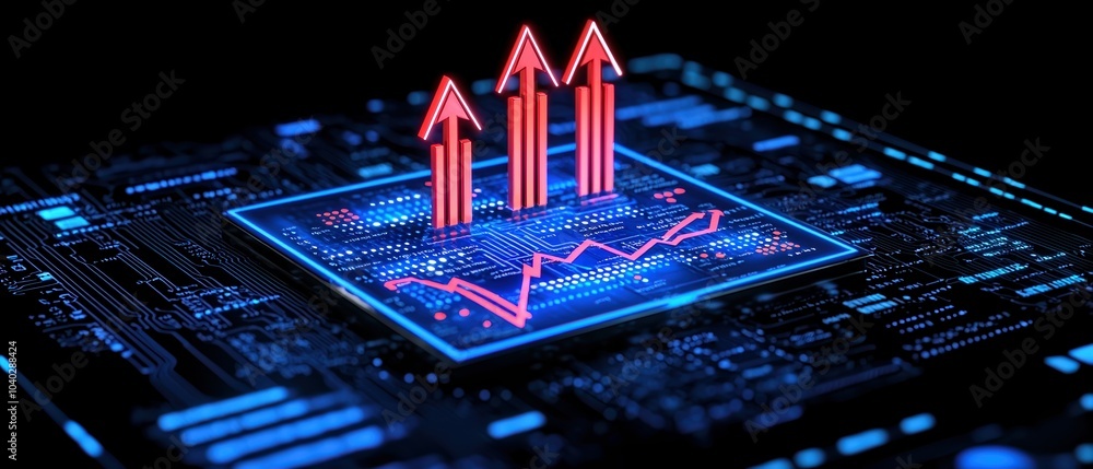 Poster digital data analysis with upward trend arrows on circuit board background.
