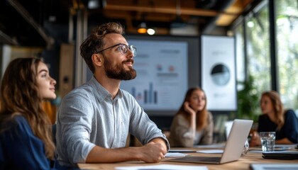 Fototapeta premium A professional team collaborates in a modern office setting, focusing on project timelines and strategies. Engaged discussions highlight teamwork and innovation.