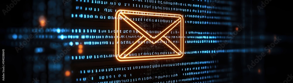 Poster digital email symbol glowing on blue data streams, representing communication and information exchan