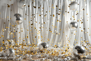 Backdrop curtain with silver balloons and shimering gold ornaments  Beautiful decorative  concept
