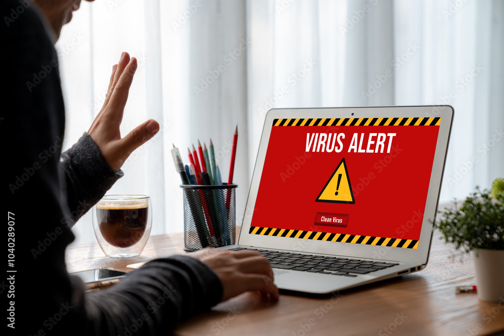 Poster virus warning alert on computer screen detected modish cyber threat , hacker, computer virus and mal