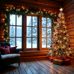 Cozy Christmas Cabin Interior with Decorated Tree and Snowy Window View