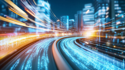 Fototapeta premium Bright light trails illustrate rapid data transfer through a vibrant cityscape illuminated at night