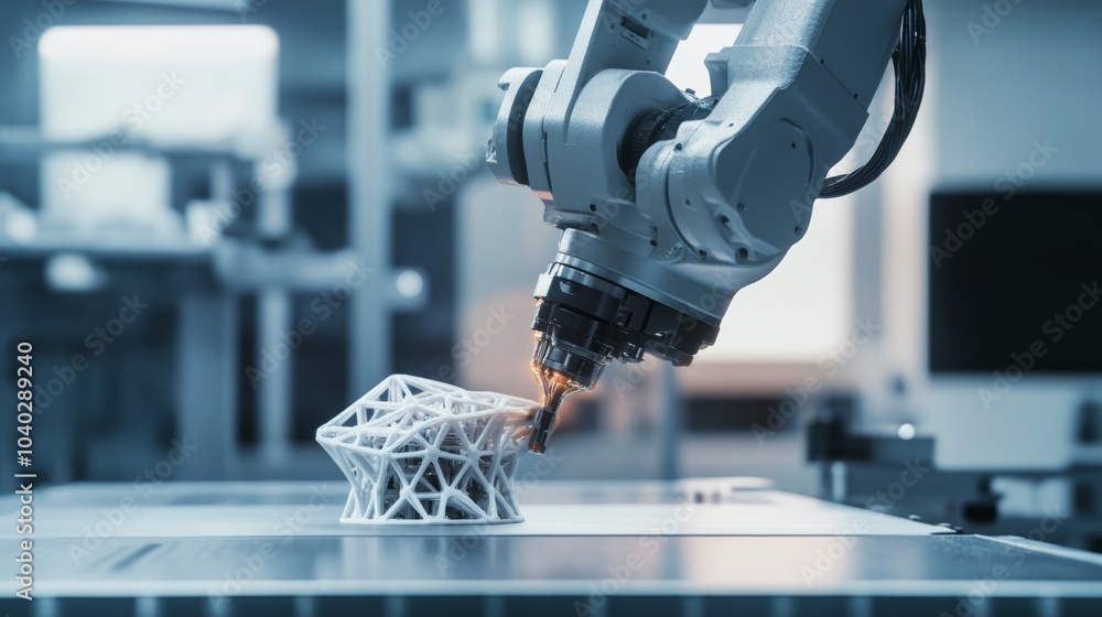 Poster a robotic arm performing high-precision 3d printing in a futuristic fabrication lab, clean and advan