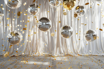 Shimmering gold and silver ornaments on a festive backdrop ,Luxurious backdrop curtain with balloons, arrangements 