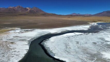 Aerial photo of Laguna Verde, Bolivia. A salt lake in the southwestern Altiplano in Bolivia, close to the Chilean border. Located in Eduardo Avaroa Andean Fauna National Reserve. 