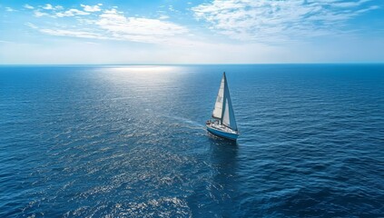Obraz premium Sailboat on the Open Sea, Travel through Sailing Across the Blue Horizon and Tranquil Ocean during Summer Vacation