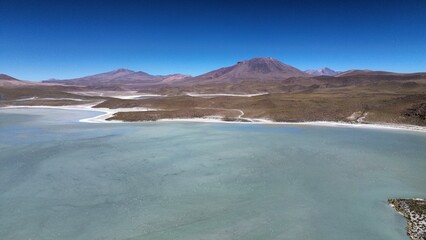 Aerial photo of Laguna Verde, Bolivia. A salt lake in the southwestern Altiplano in Bolivia, close to the Chilean border. Located in Eduardo Avaroa Andean Fauna National Reserve. 