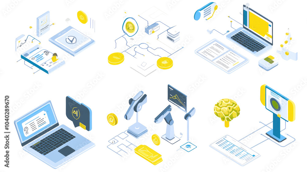 Poster isometric flowcharts depicting ai content creation processes and tools generative ai